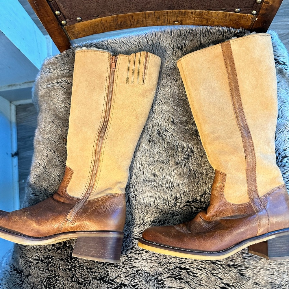 Vintage Leather/ Suede Western Sherpa Lined Cognac Brown & Tan Riding Boots, 7.5
